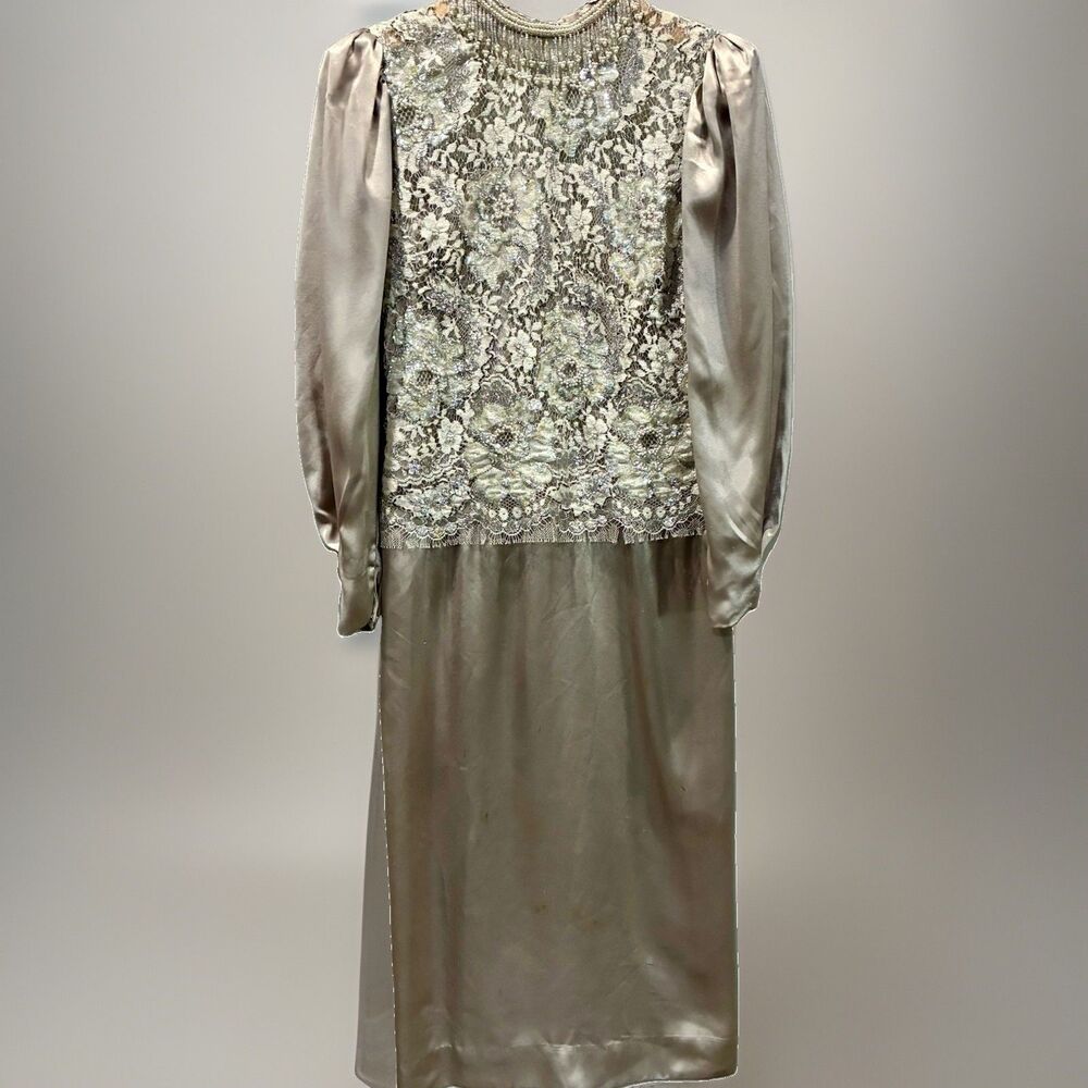 Vintage Alyce Designs Beaded Lace Satin Formal Gown Pearl Sequin Dress Size 8